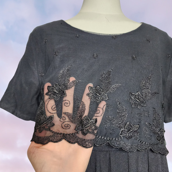 Vtg 90s CDC Black High Waist Maxi Summer Whimsi Goth Mesh Layer Lace Dress Sz 10 - Picture 5 of 7